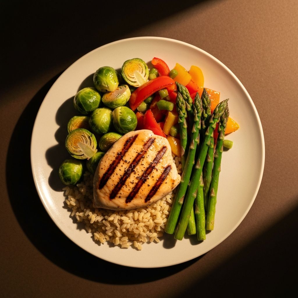 Balanced plate with proteins, grains, and vegetables